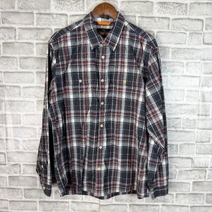Orvis Trout Bum 100% Nylon Black & Orange Plaid LS Button Up Shirt Mens LARGE